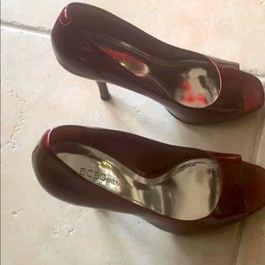 4” open toe pumps burgundy patent leather